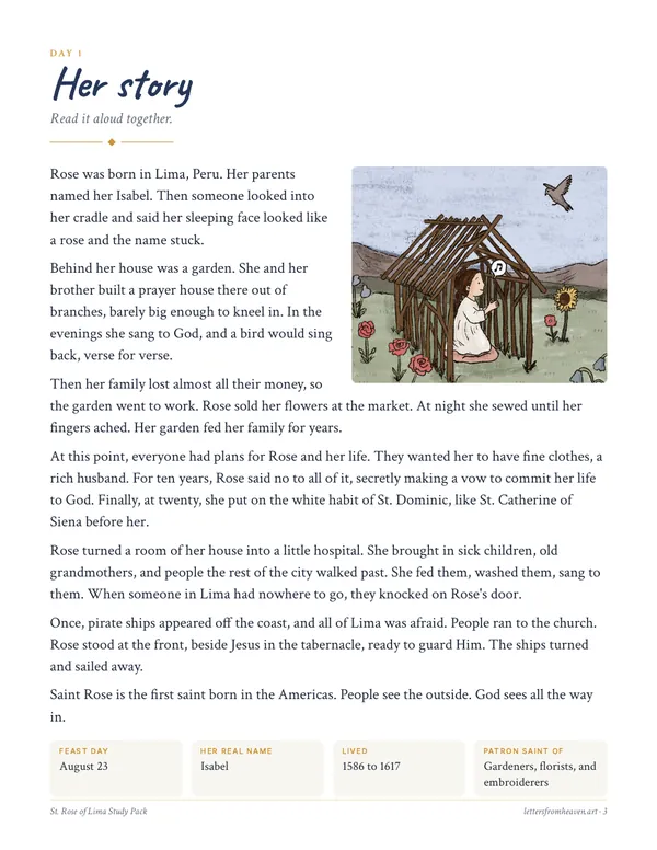 St. Rose of Lima Study Pack, her story page