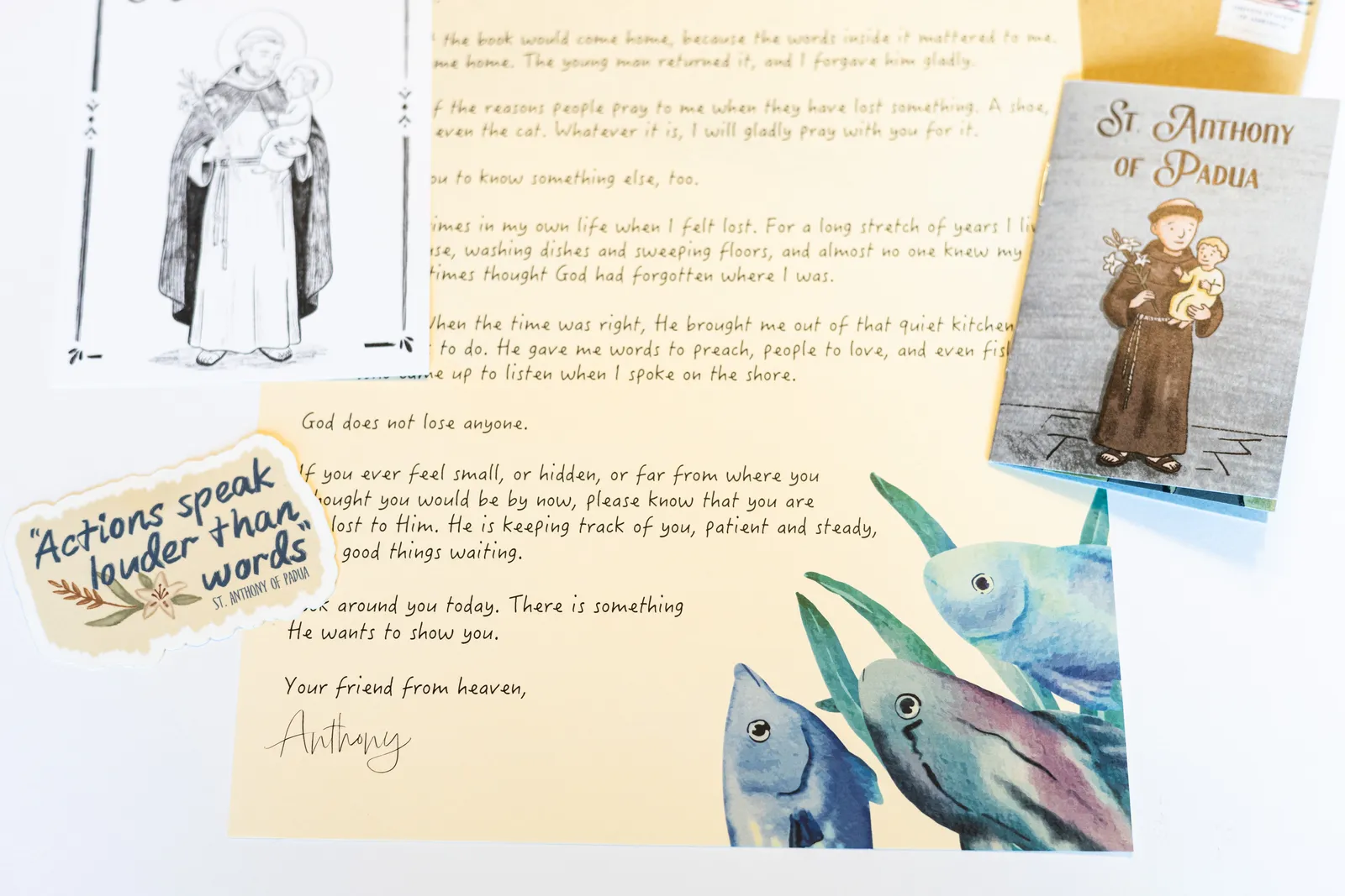 St. Anthony of Padua letter bundle: hand-illustrated letter, prayer card, saint sticker, and mini zine