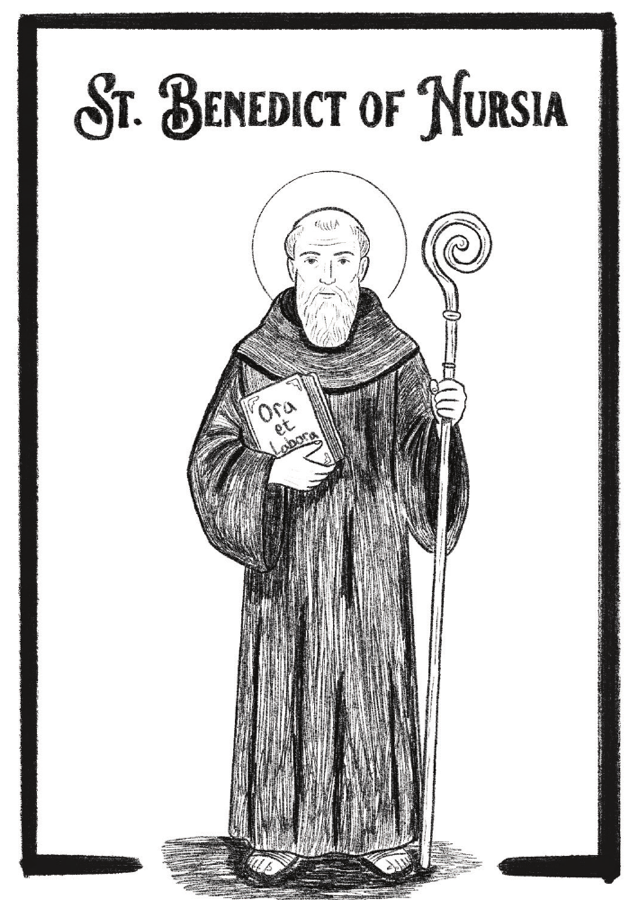 St. Benedict of Nursia — hand-drawn portrait for Catholic kids