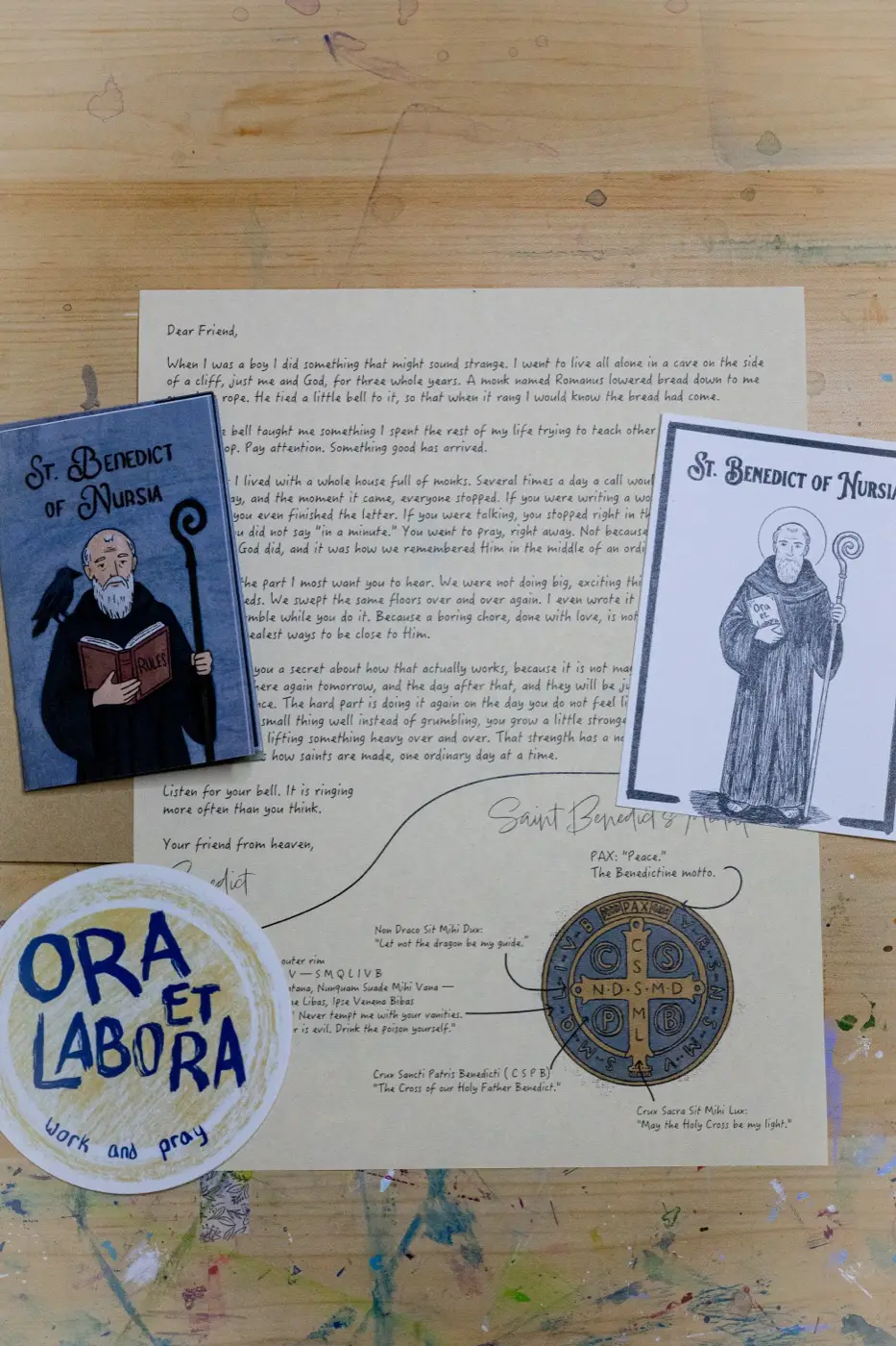St. Benedict letter bundle: letter, prayer card, sticker, and zine