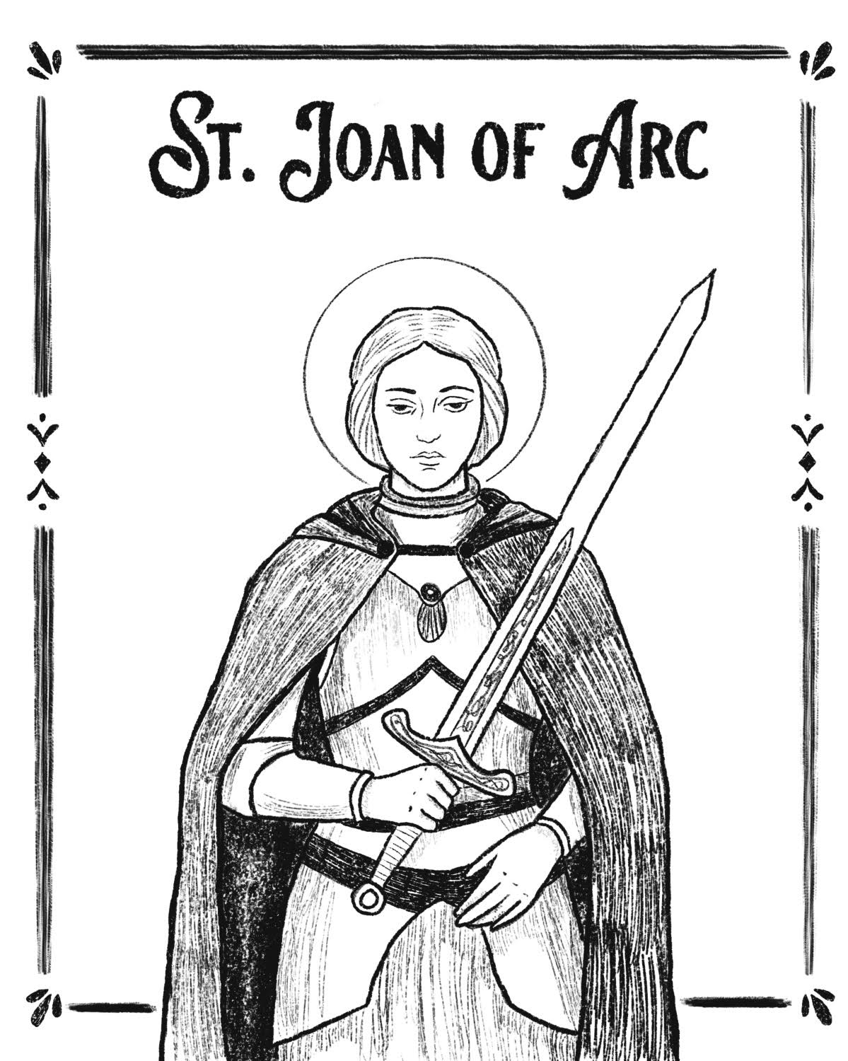 St. Joan of Arc — hand-drawn portrait for Catholic kids