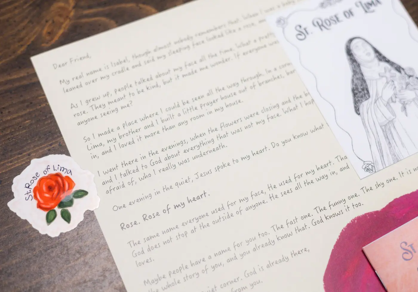 St. Rose of Lima letter bundle: letter, prayer card, sticker, and zine
