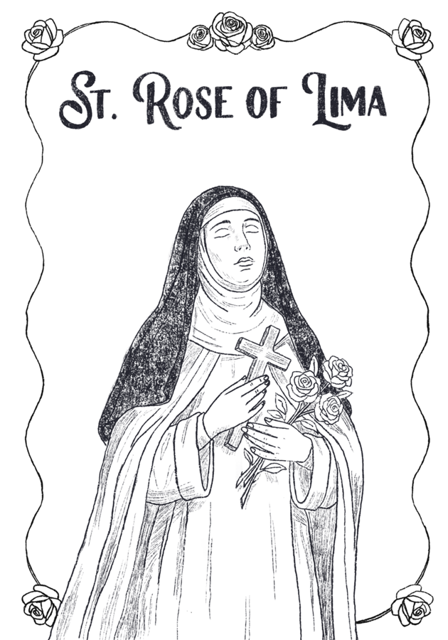 St. Rose of Lima — hand-drawn portrait for Catholic kids