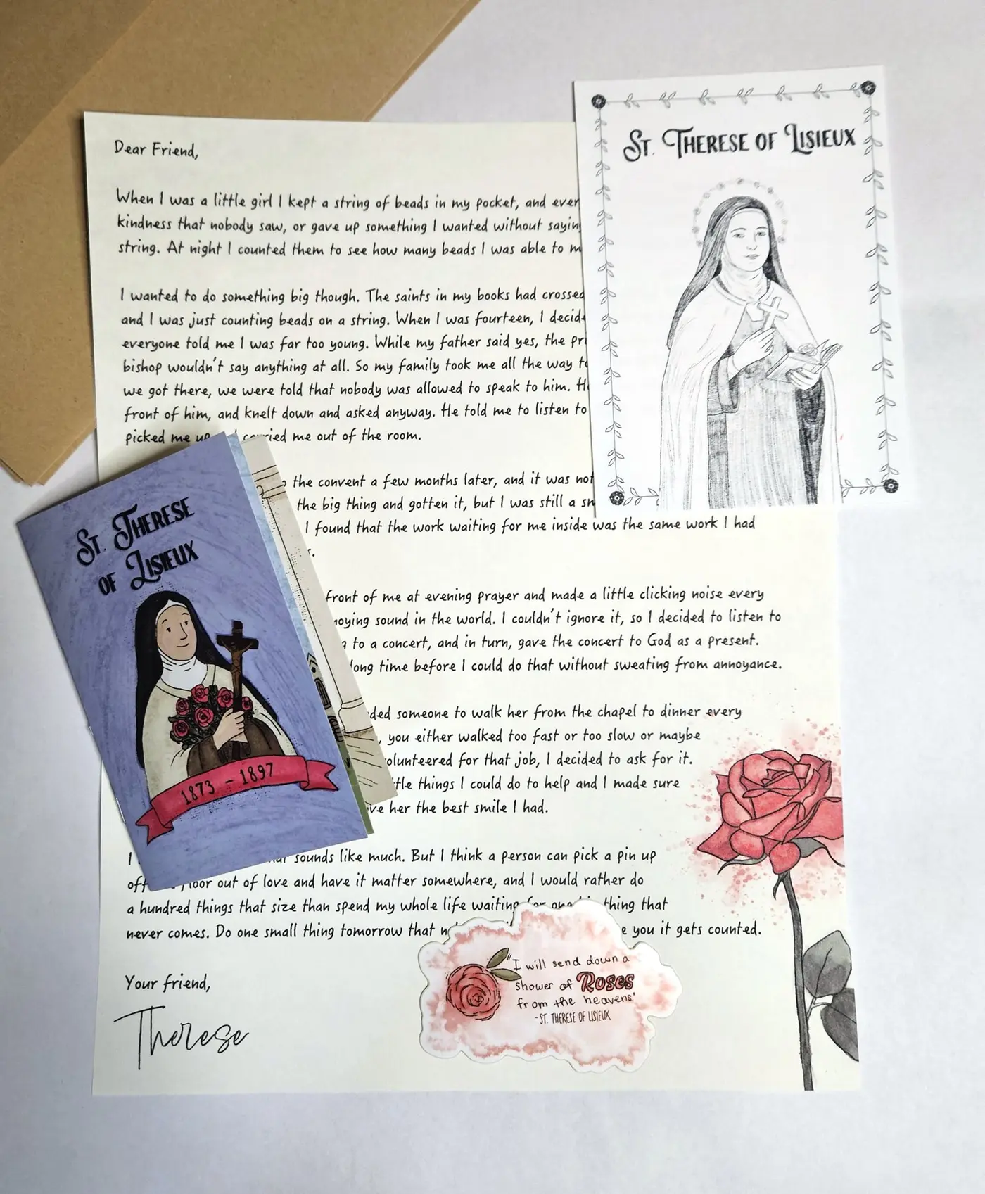 St. Thérèse of Lisieux letter bundle: hand-illustrated letter, prayer card, saint sticker, and mini zine
